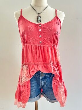 POL Coral Pink Lace Trim Babydoll Tunic Tank Boho Coquette Soft Girl Top S